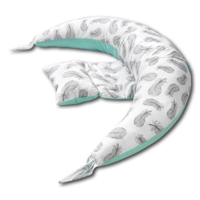 Perna gravide multifunctionala 8 in 1  Kidizi Luna Mint Feathers 230x35 cm, husa detasabila din bumbac