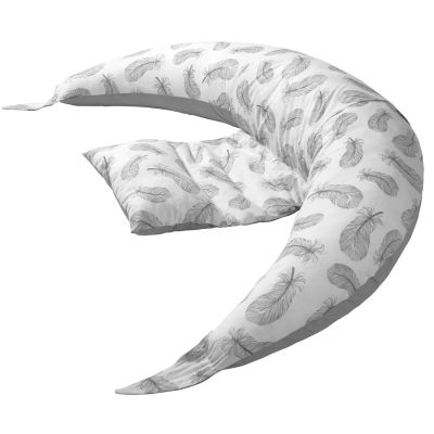 Perna gravide multifunctionala 8 in 1  Kidizi Luna Grey Feathers 230x35 cm, husa detasabila din bumbac