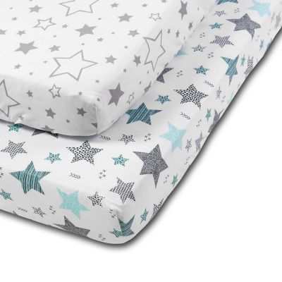 Set 2 cearceafuri din bumbac cu elastic  roata pentru patut 120x60 cm Kidizi Galaxy All Mint Stars