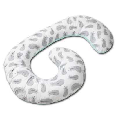Perna gravide cu husa detasabila din bumbac, Kidizi Elisa Mint Grey Feathers, ofera suport spate, genunchi, burta