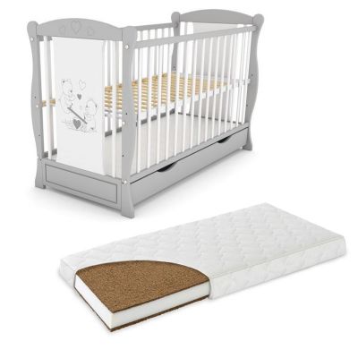 Patut din lemn masiv 2 in 1 Maya gri cu sertar cu saltea de 12 cm
