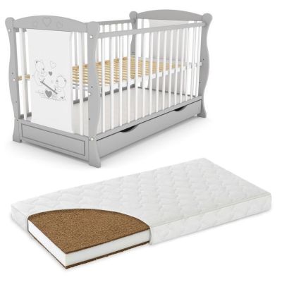 Patut din lemn masiv 2 in 1 Maya gri cu sertar cu saltea de 8 cm