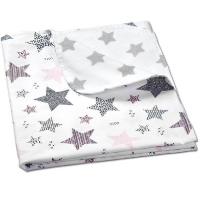 Paturica dubla din bumbac si flanel 100x75 cm Kidizi Pink Stars, 100% bumbac