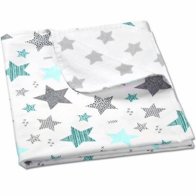 Paturica dubla din bumbac si flanel 100x75 cm Kidizi All Mint Stars, 100% bumbac
