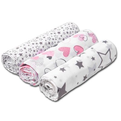 Set 3 paturici muselina 78x78 cm Kidizi Pink Hearts, 100% bumbac