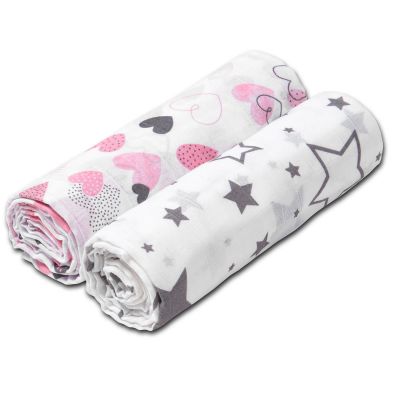 Set 2 paturici muselina 120x120 cm Kidizi Pink Hearts, 100% bumbac