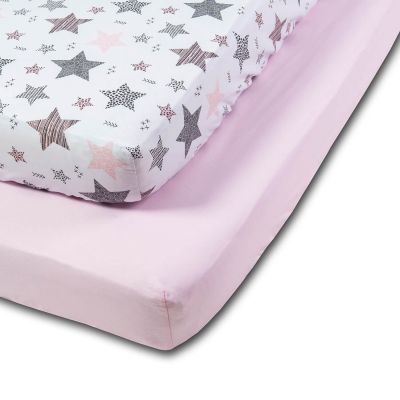 Set 2 cearceafuri din bumbac cu elastic  roata pentru patut 140x70 cm Kidizi Pink Stars