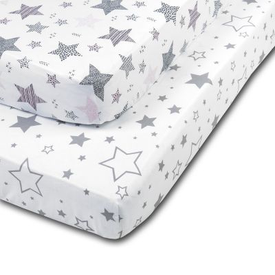 Set 2 cearceafuri din bumbac cu elastic  roata pentru patut 120x60 cm Kidizi Galaxy Grey Pink Stars