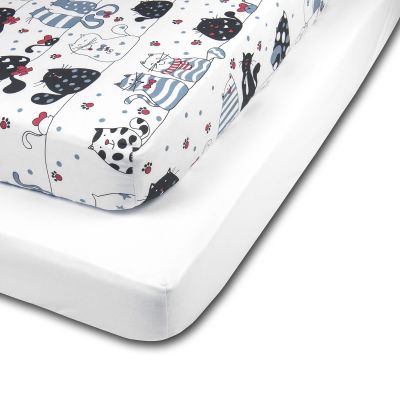 Set 2 cearceafuri din bumbac cu elastic  roata pentru patut 120x60 cm Kidizi Happy Kitten White 