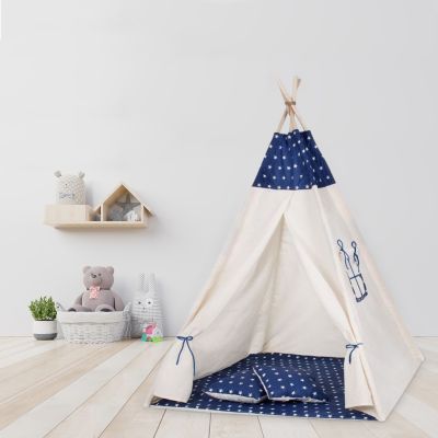 Cort copii stil indian Teepee Dark Blue Stars XXL, include covoras si 2 pernute
