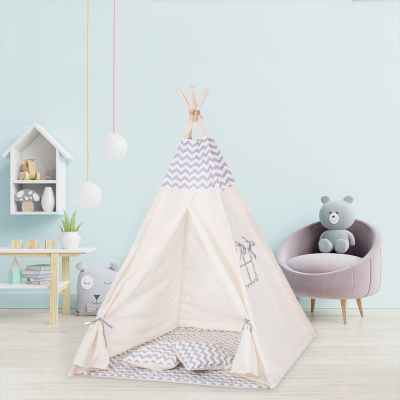 Cort copii stil indian Teepee Tent ZigZag Grey XXL, include covoras gros si 2 perne