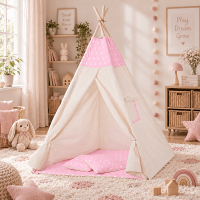 Cort copii stil indian Teepee Pink Stars XXL, include salteluta si doua pernute