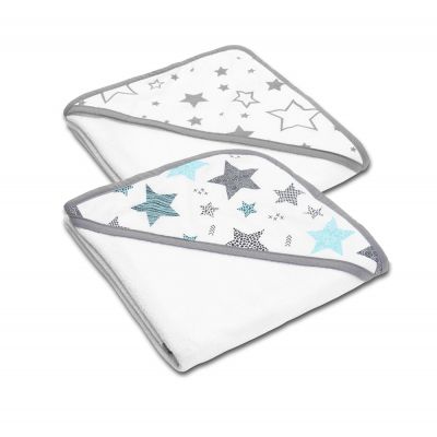 Set doua prosoape bebelus din bumbac cu gluga 90x90 cm Kidizi Galaxy Grey / All Mint Stars