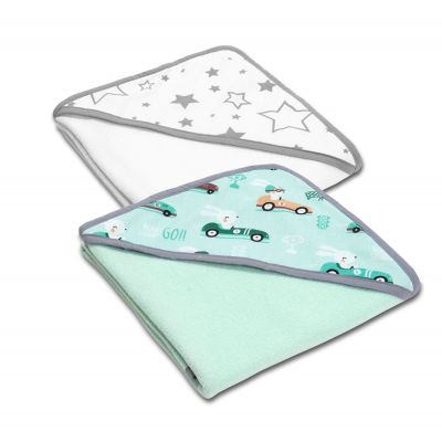 Set doua prosoape bebelus din bumbac cu gluga 90x90 cm Kidizi Galaxy Grey / Husty Rabbit