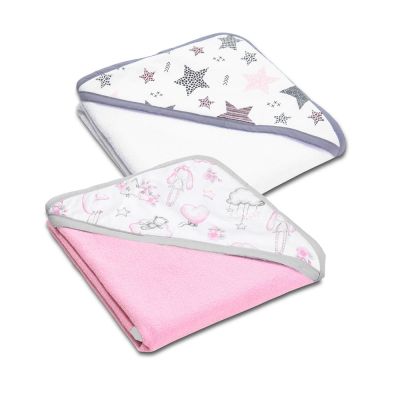 Set doua prosoape din bumbac cu gluga 90x90 cm Kidizi Pink Star Clouds