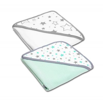 Set doua prosoape  bebe din bumbac cu gluga 90x90 cm Kidizi Galaxy Grey Mint