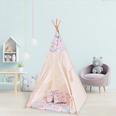 Cort copii stil indian Teepee Tent Kidizi Pink Moon, include covoras gros si 2 perne