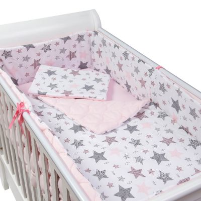 Set lenjerie matlasata 5 piese Kidizi All Pink Stars, include perna, plapumioara, aparatoare si cearceaf
