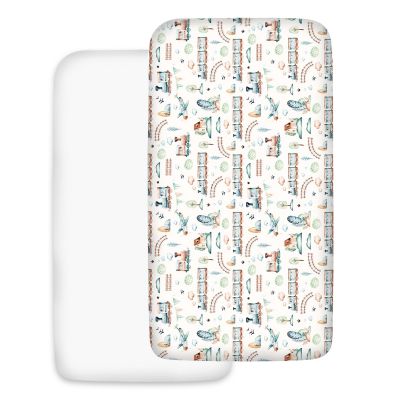 Set 2 cearceafuri din bumbac cu elastic  roata pentru patut 120x60 cm Kidizi  Choo Choo White