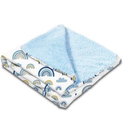 Paturica dubla pufoasa cu doua fete 100x78 cm Kidizi Fluffy Blue Rainbow