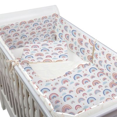 Set lenjerie 5 piese din flanel Kidizi Beige Rainbow, perna bebelus, plapumioara, aparatori si cearceaf