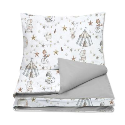 Set huse lenjerie pat bebelusi din bumbac Kidizi Circus, contine husa plapuma 120x90 si husa perna 60x40
