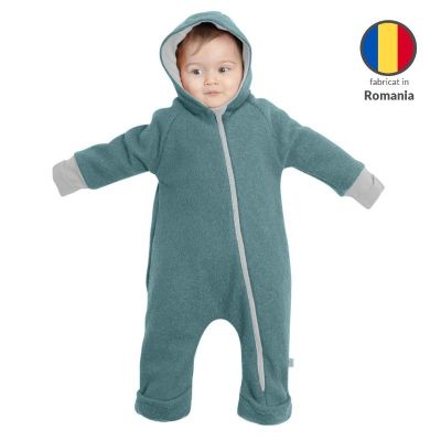 Salopeta overall din lana fiarta dublata cu bumbac, Kidizi Old Mint 6-18 luni, prevazuta cu gluga si mansete transformabile in manusi si botosei