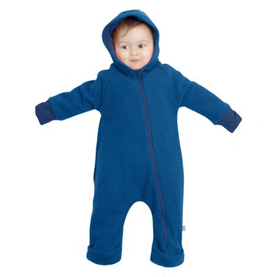 Salopeta overall din lana fiarta dublata cu bumbac, Kidizi Blue 6-18 luni, prevazuta cu gluga si mansete transformabile in manusi si botosei