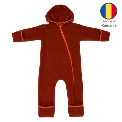 Salopeta overall din lana fleece Kidizi Teddy Terracotta 1-2 ani, prevazuta cu gluga si mansete transformabile in manusi