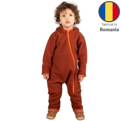 Salopeta overall din lana fleece Kidizi Teddy Terracotta 2-3 ani, prevazuta cu gluga si mansete transformabile in manusi