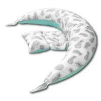 Perna gravide multifunctionala 8 in 1  Kidizi Luna Mint Feathers 230x35 cm, husa detasabila din bumbac