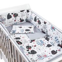 Set lenjerie 5 piese din bumbac Kidizi Happy Kitten, perna bebelus, plapumioara, aparatoare si cearceaf