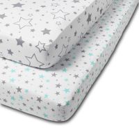 Set 2 cearceafuri din bumbac cu elastic  roata pentru patut 120x60 cm Kidizi Galaxy Grey Mint Stars