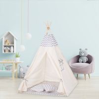 Cort copii stil indian Teepee Tent ZigZag Grey XXL, include covoras gros si 2 perne