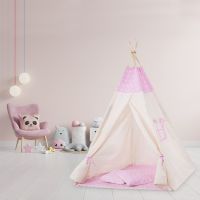 Cort copii stil indian Teepee Pink Stars XXL, include salteluta si doua pernute