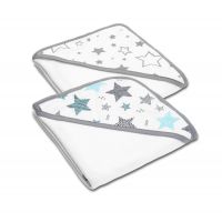 Set doua prosoape bebelus din bumbac cu gluga 90x90 cm Kidizi Galaxy Grey / All Mint Stars