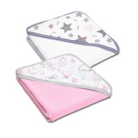Set doua prosoape din bumbac cu gluga 90x90 cm Kidizi Pink Star Clouds