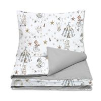 Set huse lenjerie pat bebelusi din bumbac Kidizi Circus, contine husa plapuma 120x90 si husa perna 60x40