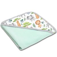 Prosop bebe din bumbac cu gluga 90x90 cm Kidizi Safari mint, potrivit de la nastere pana la 2 ani