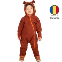 Salopeta overall din lana fleece Kidizi Teddy Terracotta 1-2 ani, prevazuta cu gluga si mansete transformabile in manusi