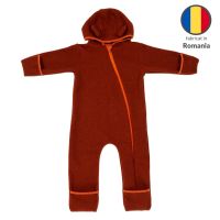 Salopeta overall din lana fleece Kidizi Teddy Terracotta 1-2 ani, prevazuta cu gluga si mansete transformabile in manusi