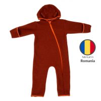 Salopeta overall din lana fleece Kidizi Teddy Terracotta 2-3 ani, prevazuta cu gluga si mansete transformabile in manusi