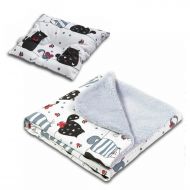Set paturica dubla pufoasa cu doua fete 100x78 cm si perna bebelusi contra plagiocefaliei Kidizi Happy Kitten