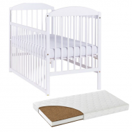 Patut din lemn masiv 120x60 cm Orella alb cu laterala culisanta, include saltea cocos LUX 120x60x9 cm
