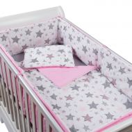 Set lenjerie 7 piese din bumbac cu huse detasabile Kidizi Pink Stars, pentru patut 120x60 cm