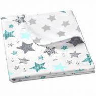 Paturica dubla din bumbac si flanel 100x75 cm Kidizi All Mint Stars, 100% bumbac