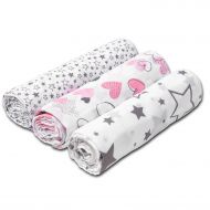Set 3 paturici muselina 78x78 cm Kidizi Pink Hearts, 100% bumbac