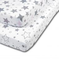 Set 2 cearceafuri din bumbac cu elastic  roata pentru patut 120x60 cm Kidizi Galaxy Grey Pink Stars
