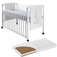 Patut din lemn masiv 120x60 cm Bria alb cu laterala culisanta si roti cu saltea de 12 cm
