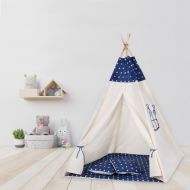 Cort copii stil indian Teepee Dark Blue Stars XXL, include covoras si 2 pernute